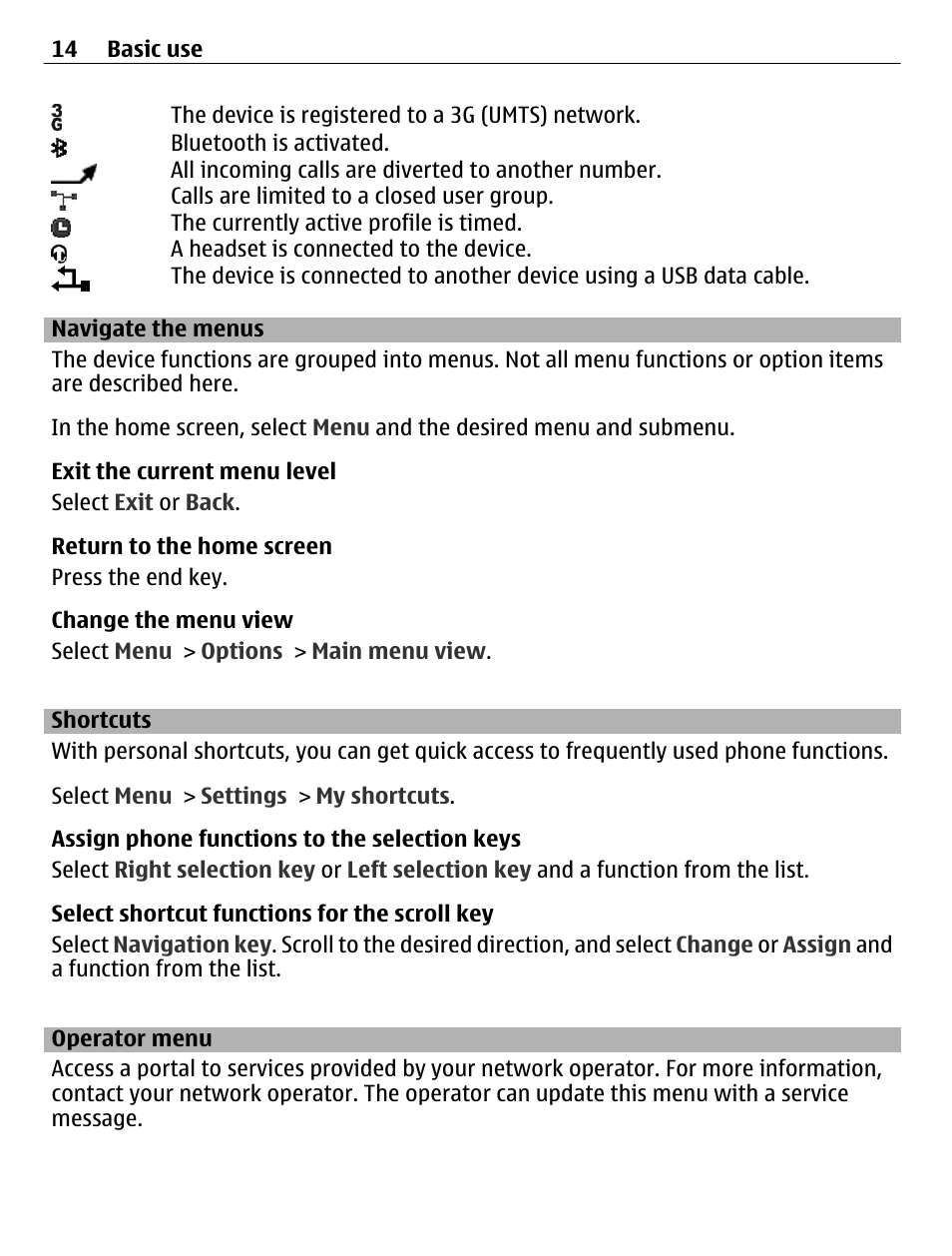 Navigate the menus, Shortcuts, Operator menu | Nokia C2-01 User Manual | Page 14 / 39