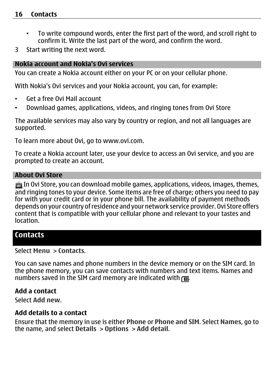 Nokia account and nokia's ovi services, About ovi store, Contacts | Nokia account and nokia's ovi, Services, Contacts 16 | Nokia C2-01 User Manual | Page 16 / 39