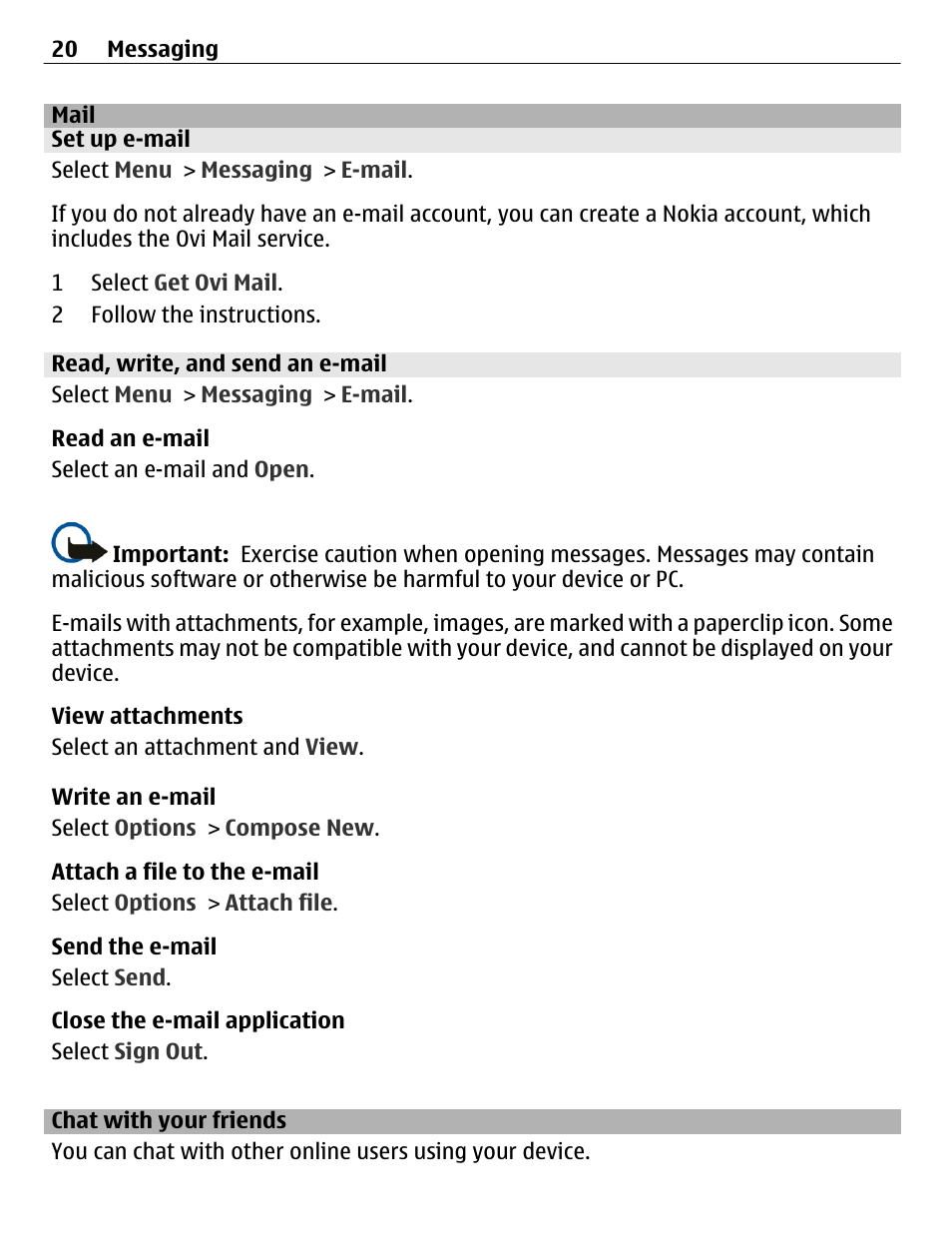 Mail, Set up e-mail, Read, write, and send an e-mail | Chat with your friends | Nokia C2-01 User Manual | Page 20 / 39