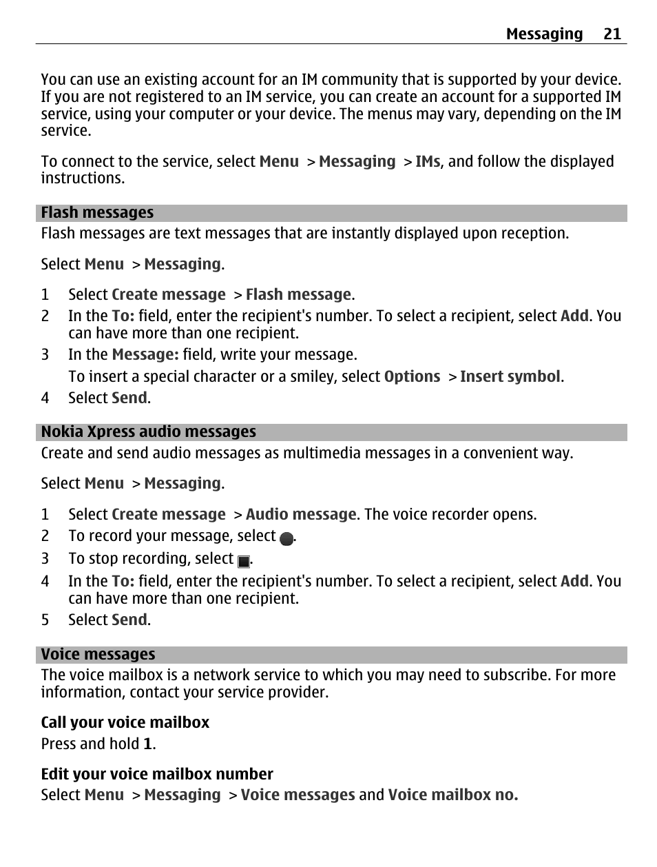 Flash messages, Nokia xpress audio messages, Voice messages | Nokia C2-01 User Manual | Page 21 / 39