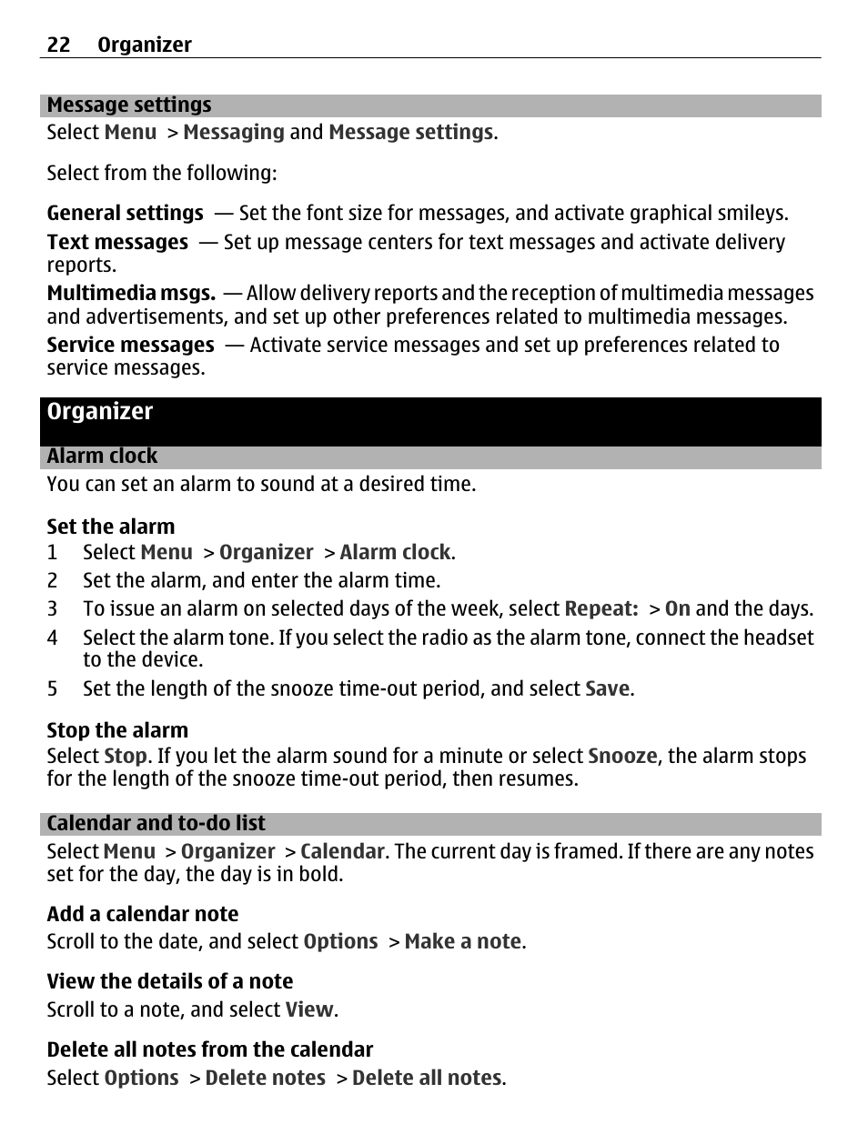 Message settings, Organizer, Alarm clock | Calendar and to-do list | Nokia C2-01 User Manual | Page 22 / 39