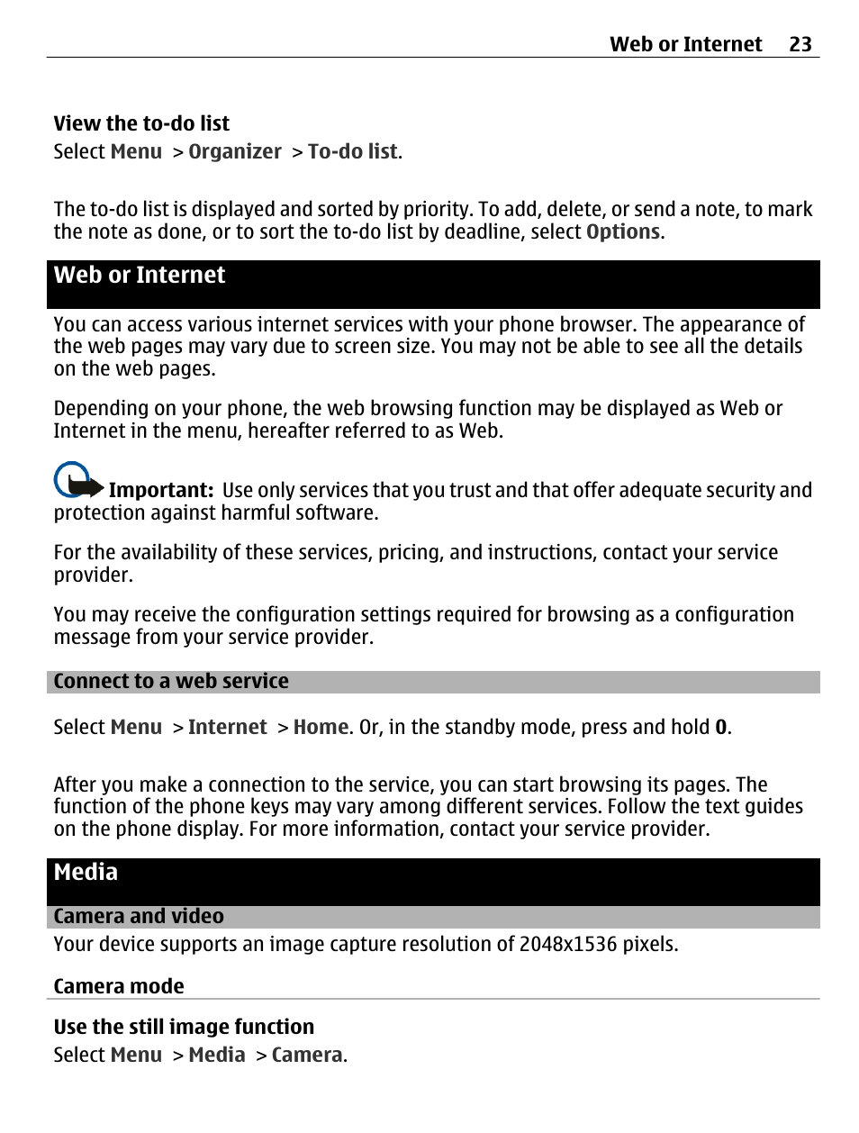 Web or internet, Connect to a web service, Media | Camera and video, Media 23 | Nokia C2-01 User Manual | Page 23 / 39