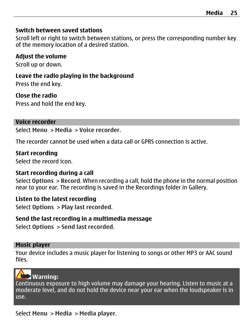 Voice recorder, Music player | Nokia C2-01 User Manual | Page 25 / 39