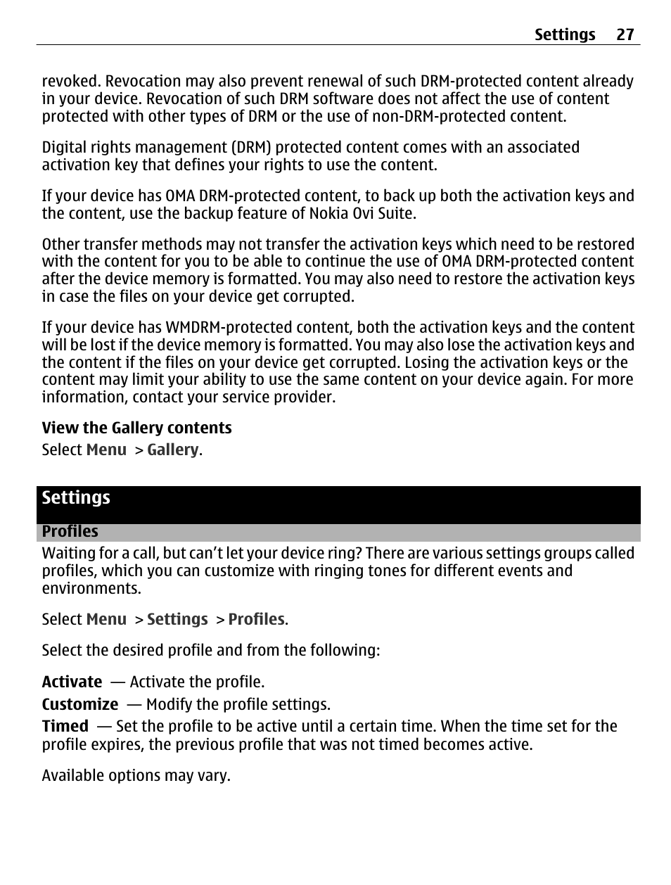 Settings, Profiles | Nokia C2-01 User Manual | Page 27 / 39