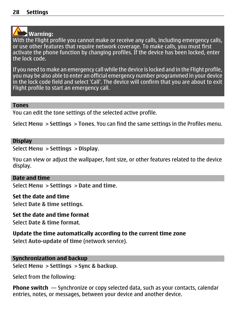 Tones, Display, Date and time | Synchronization and backup | Nokia C2-01 User Manual | Page 28 / 39