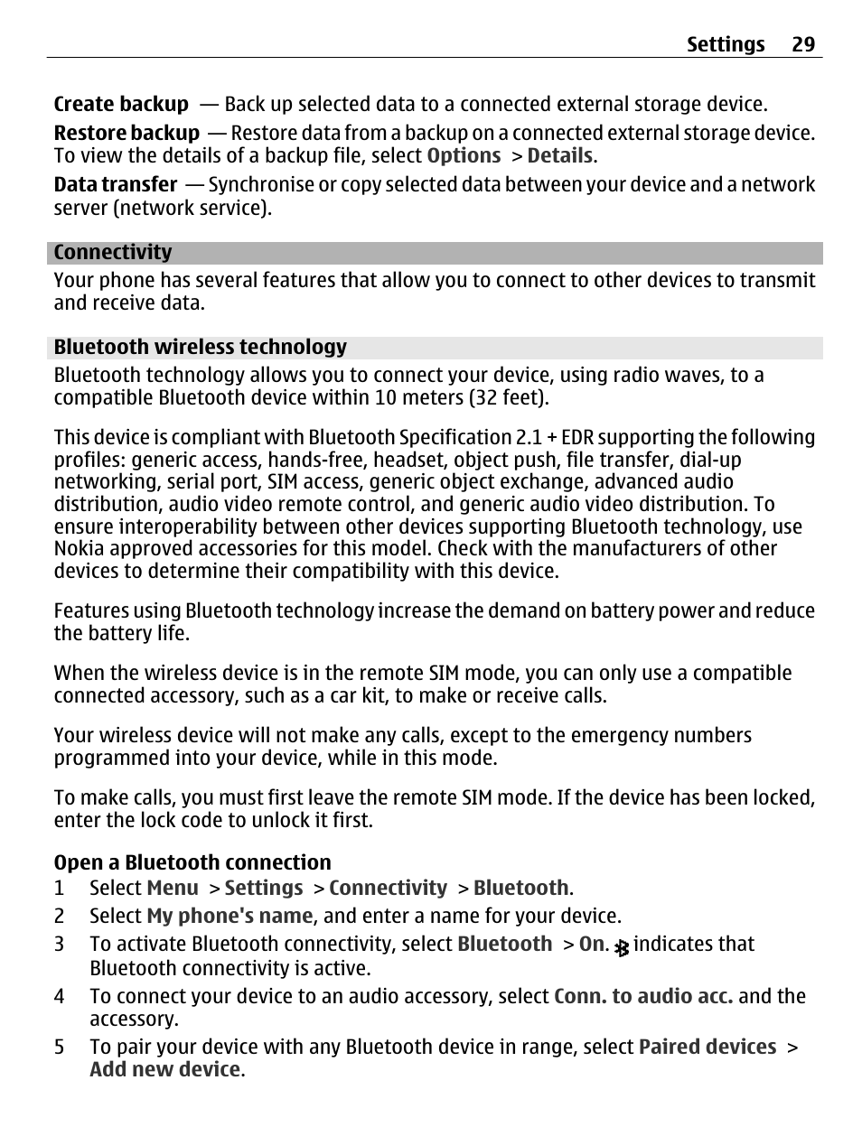 Connectivity, Bluetooth wireless technology | Nokia C2-01 User Manual | Page 29 / 39