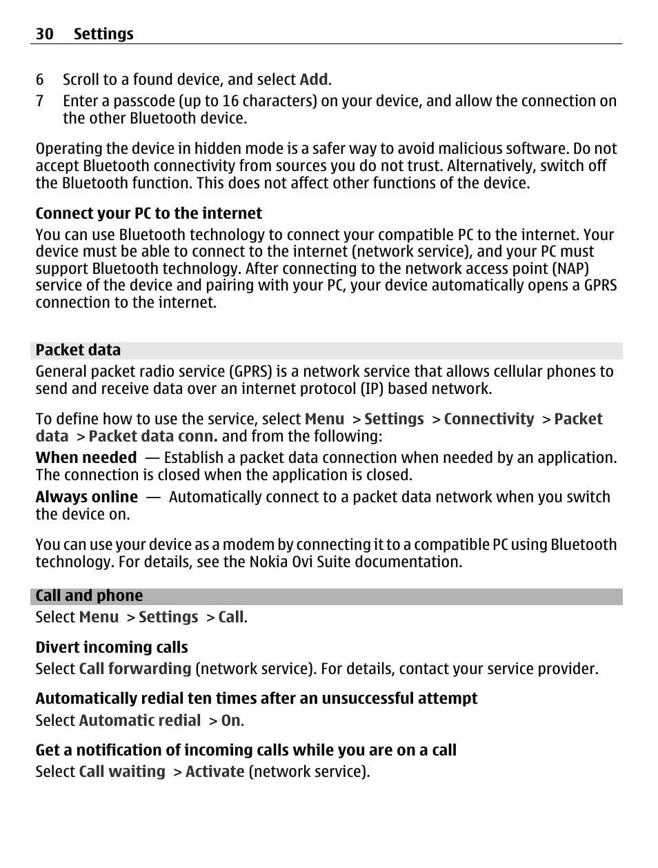 Packet data, Call and phone | Nokia C2-01 User Manual | Page 30 / 39