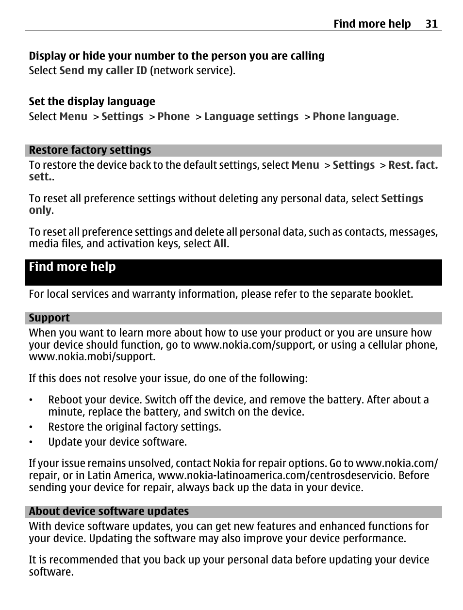 Restore factory settings, Find more help, Support | About device software updates | Nokia C2-01 User Manual | Page 31 / 39