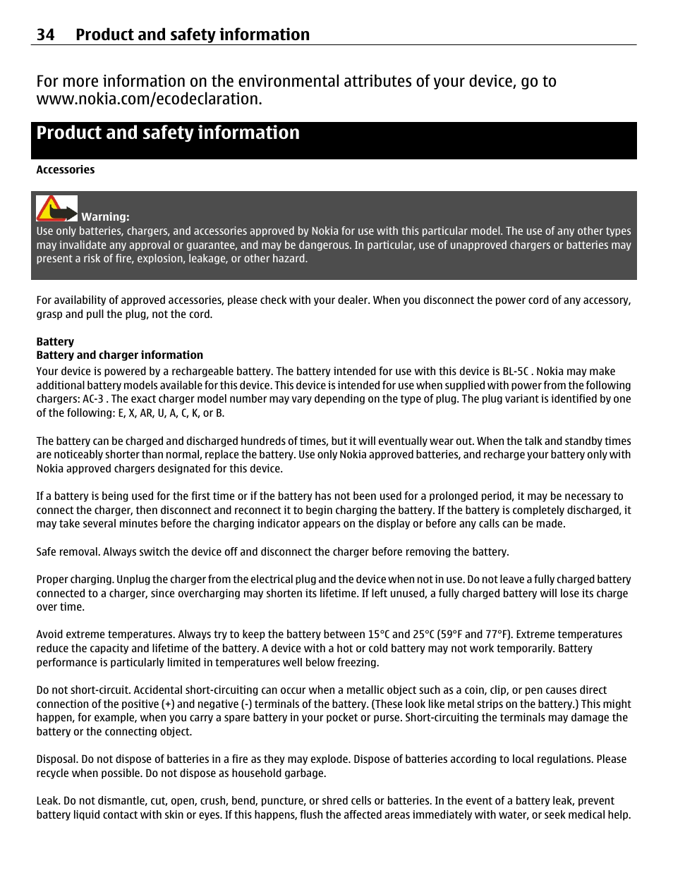 Product and safety information, Accessories, Battery | Battery and charger information, 34 product and safety information | Nokia C2-01 User Manual | Page 34 / 39