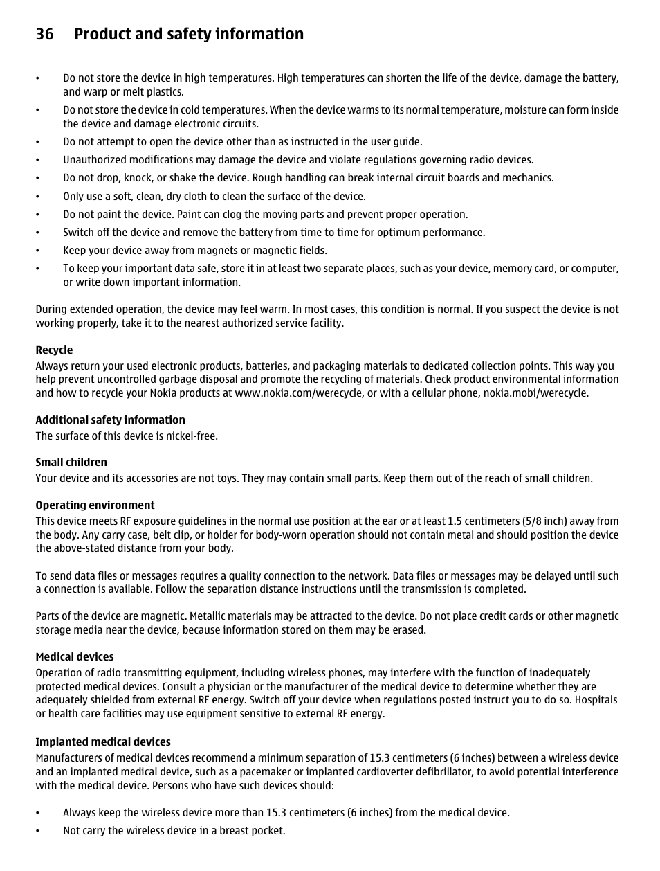 Recycle, Additional safety information, Small children | Operating environment, Medical devices, Implanted medical devices, 36 product and safety information | Nokia C2-01 User Manual | Page 36 / 39