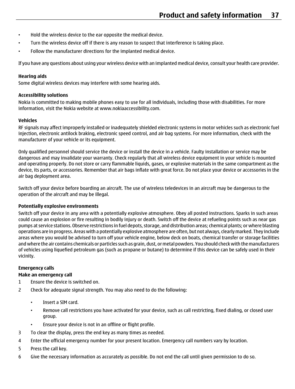 Hearing aids, Accessibility solutions, Vehicles | Potentially explosive environments, Emergency calls, Product and safety information 37 | Nokia C2-01 User Manual | Page 37 / 39