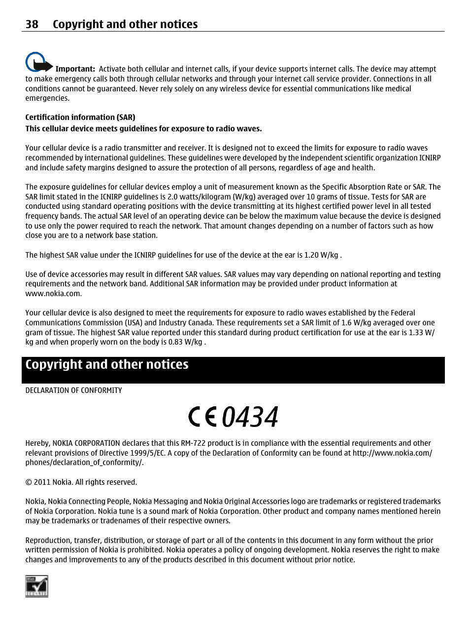 Certification information (sar), Copyright and other notices, 38 copyright and other notices | Nokia C2-01 User Manual | Page 38 / 39