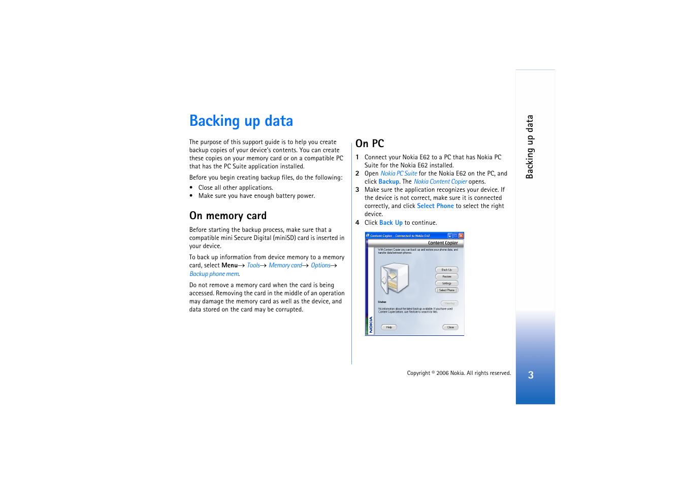 Backing up data, On memory card, On pc | Nokia E62 User Manual | Page 3 / 6