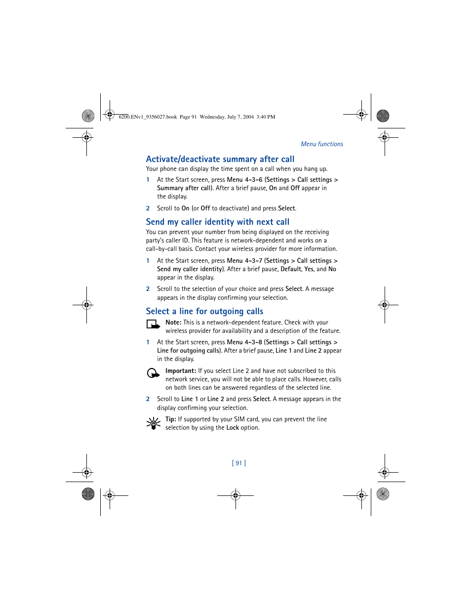 Activate/deactivate summary after call, Send my caller identity with next call, Select a line for outgoing calls | Nokia 6200 User Manual | Page 100 / 193