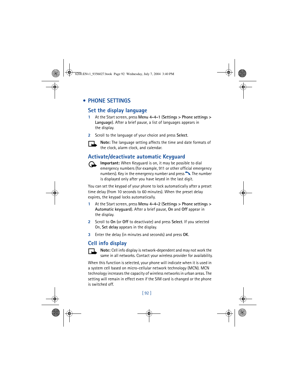 Phone settings, Phone settings set the display language, Activate/deactivate automatic keyguard | Cell info display | Nokia 6200 User Manual | Page 101 / 193