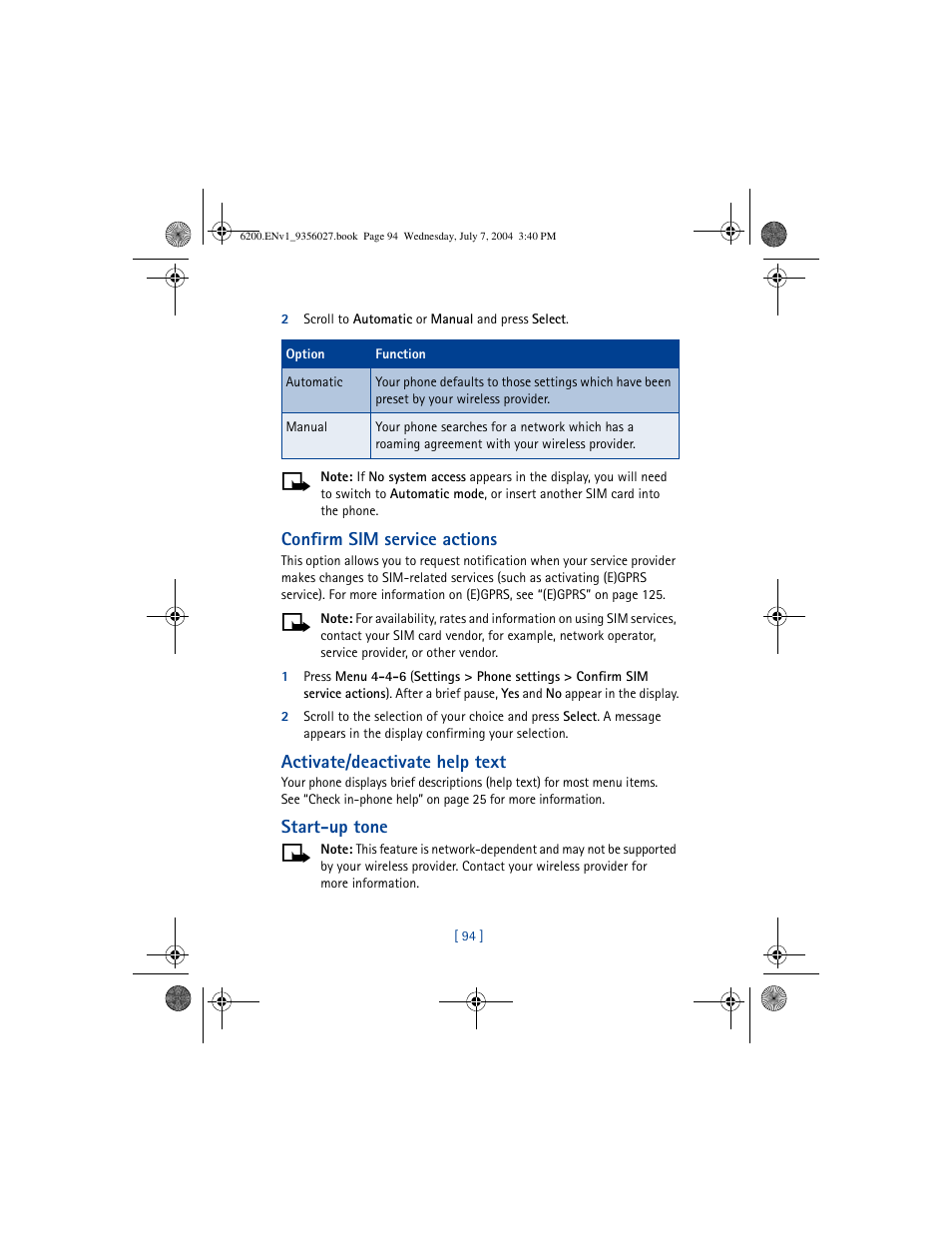 Confirm sim service actions, Activate/deactivate help text, Start-up tone | Nokia 6200 User Manual | Page 103 / 193