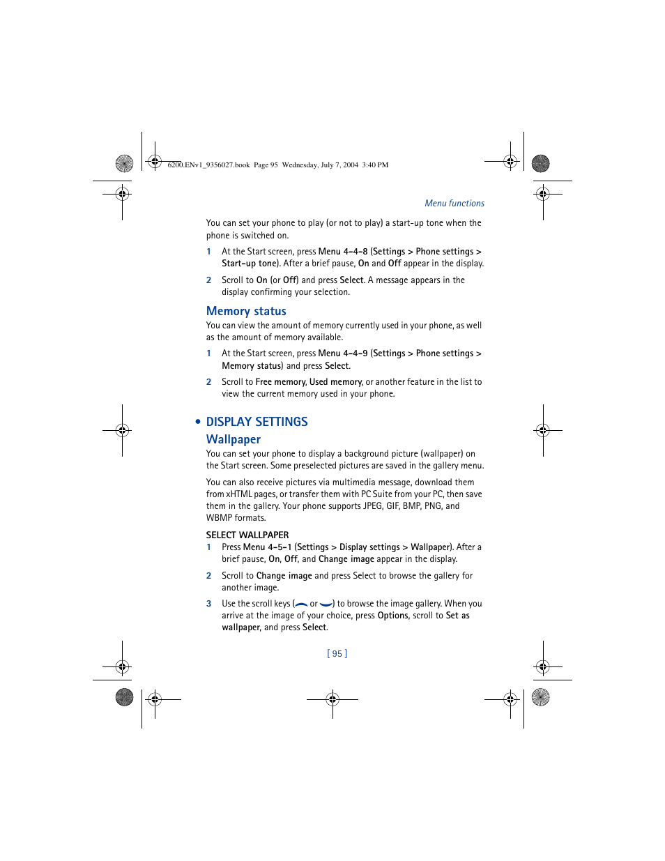 Display settings, Display settings wallpaper | Nokia 6200 User Manual | Page 104 / 193