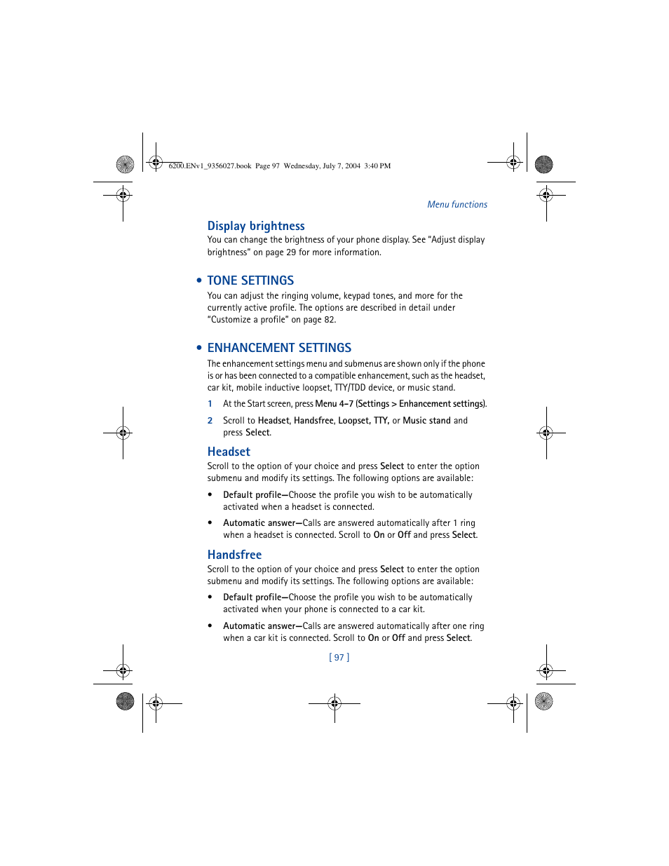 Tone settings, Enhancement settings, Tone settings enhancement settings | Nokia 6200 User Manual | Page 106 / 193