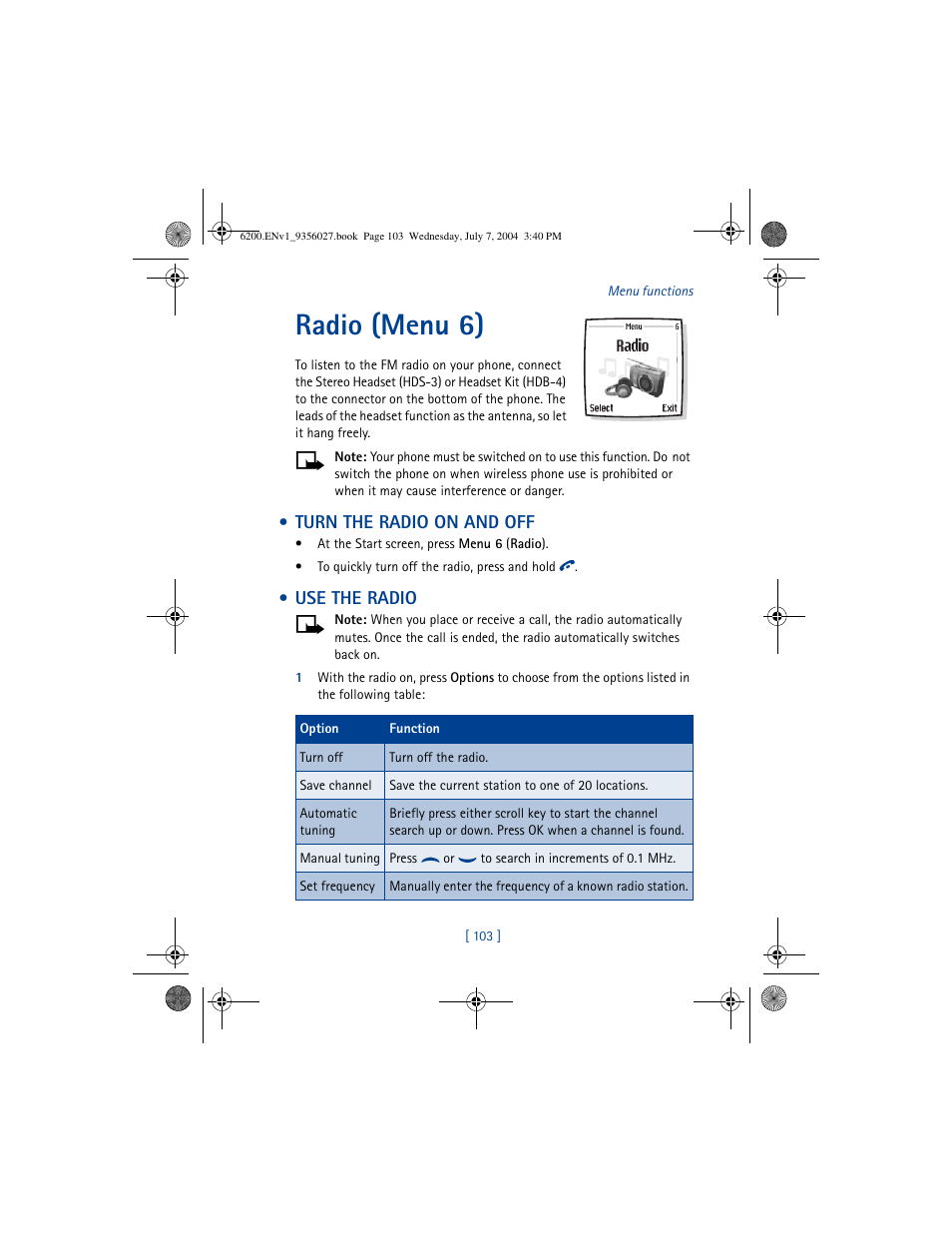 Radio (menu 6), Turn the radio on and off, Use the radio | Turn the radio on and off use the radio | Nokia 6200 User Manual | Page 112 / 193