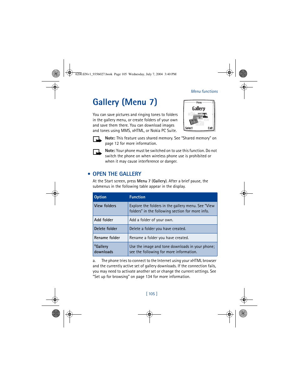 Gallery (menu 7), Open the gallery | Nokia 6200 User Manual | Page 114 / 193
