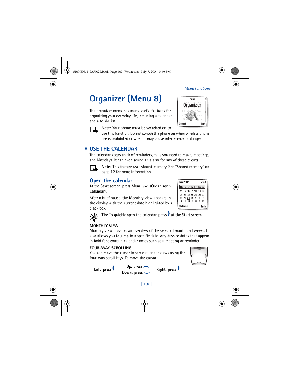 Organizer (menu 8), Use the calendar | Nokia 6200 User Manual | Page 116 / 193