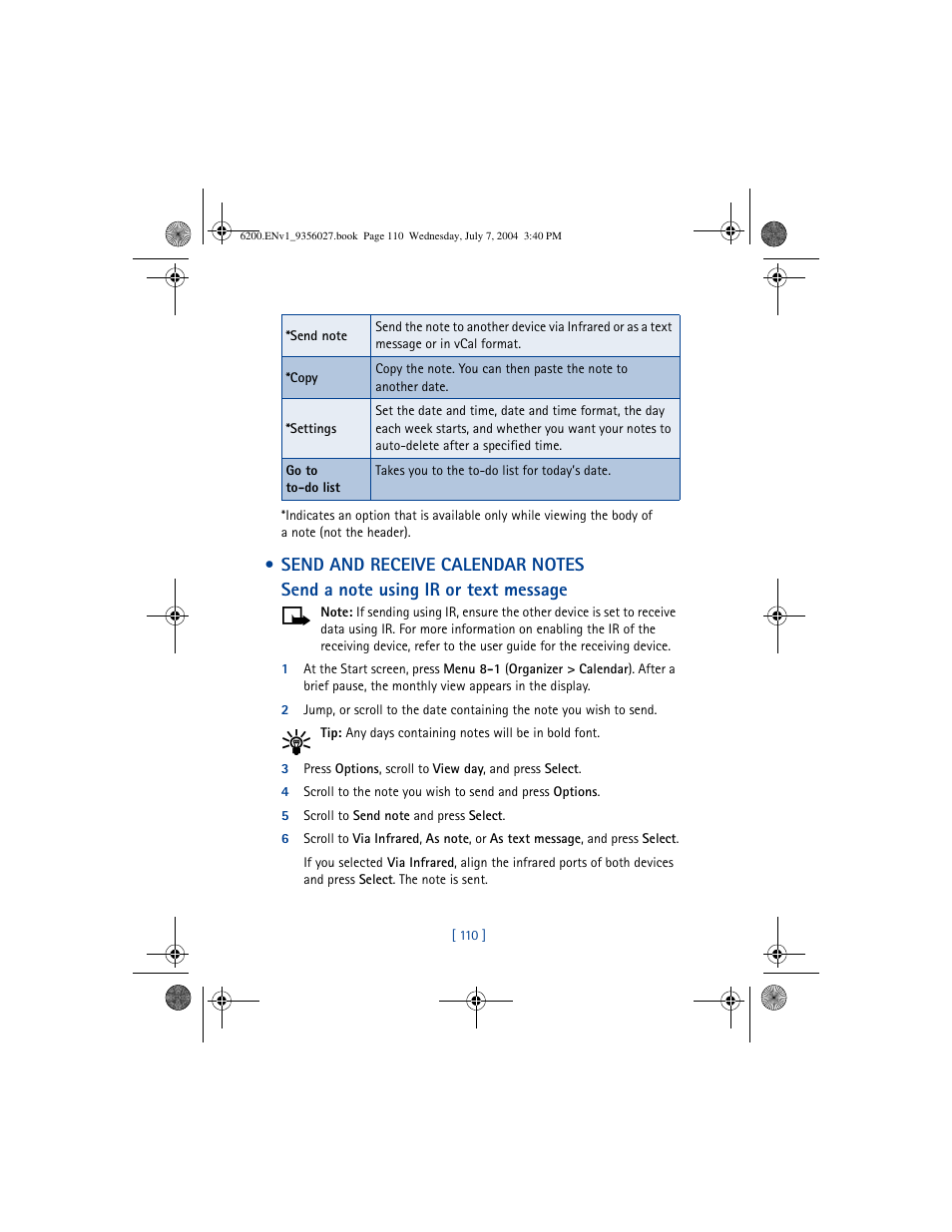 Send and receive calendar notes | Nokia 6200 User Manual | Page 119 / 193
