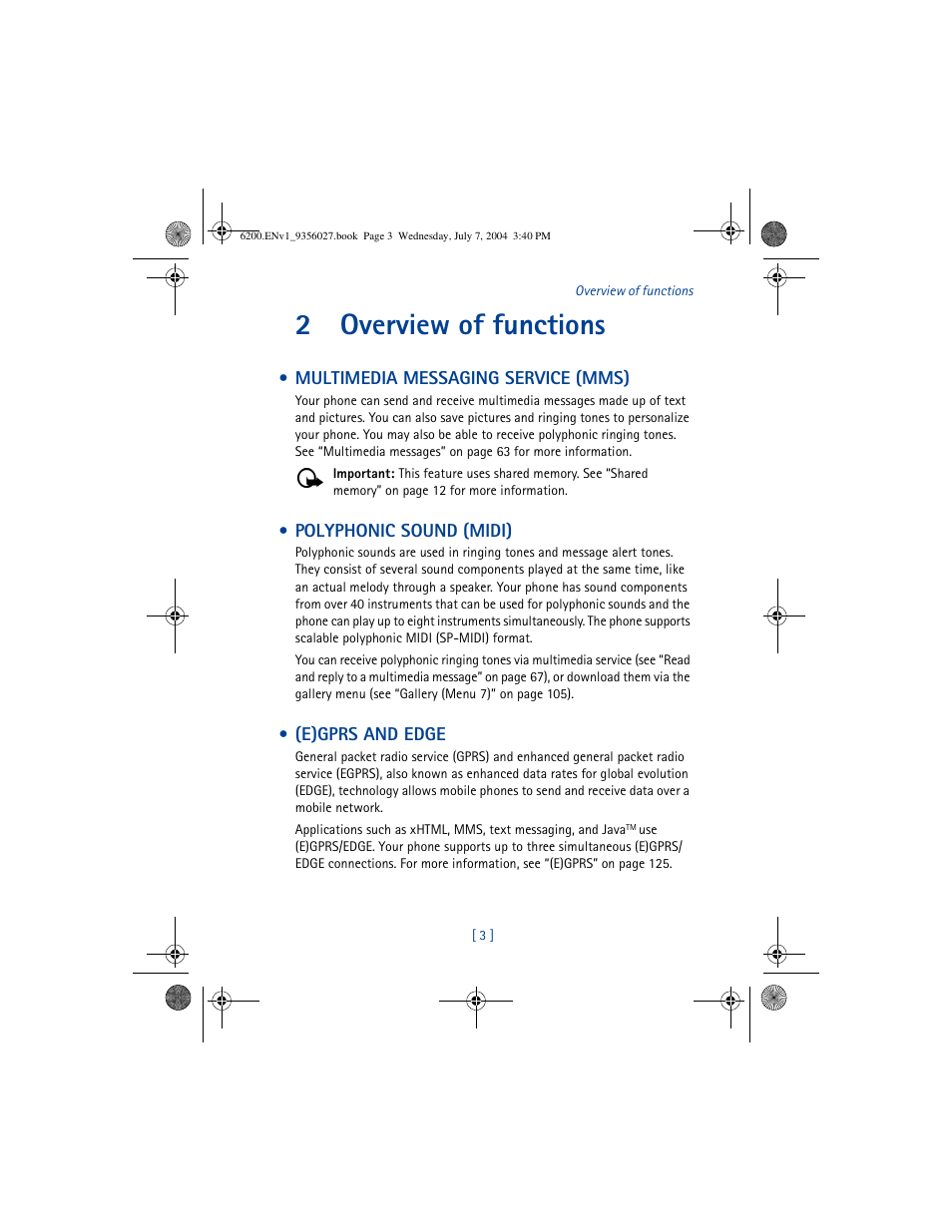 2 overview of functions, Multimedia messaging service (mms), Polyphonic sound (midi) | E)gprs and edge, Overview of functions, 2overview of functions | Nokia 6200 User Manual | Page 12 / 193