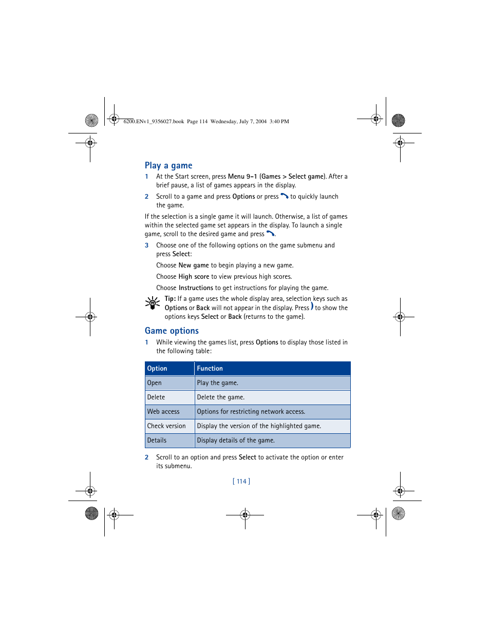 Play a game, Game options | Nokia 6200 User Manual | Page 123 / 193