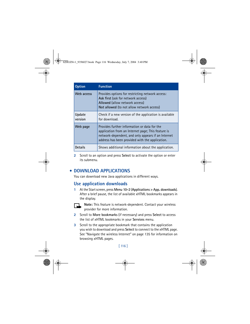 Download applications, Use application downloads | Nokia 6200 User Manual | Page 125 / 193