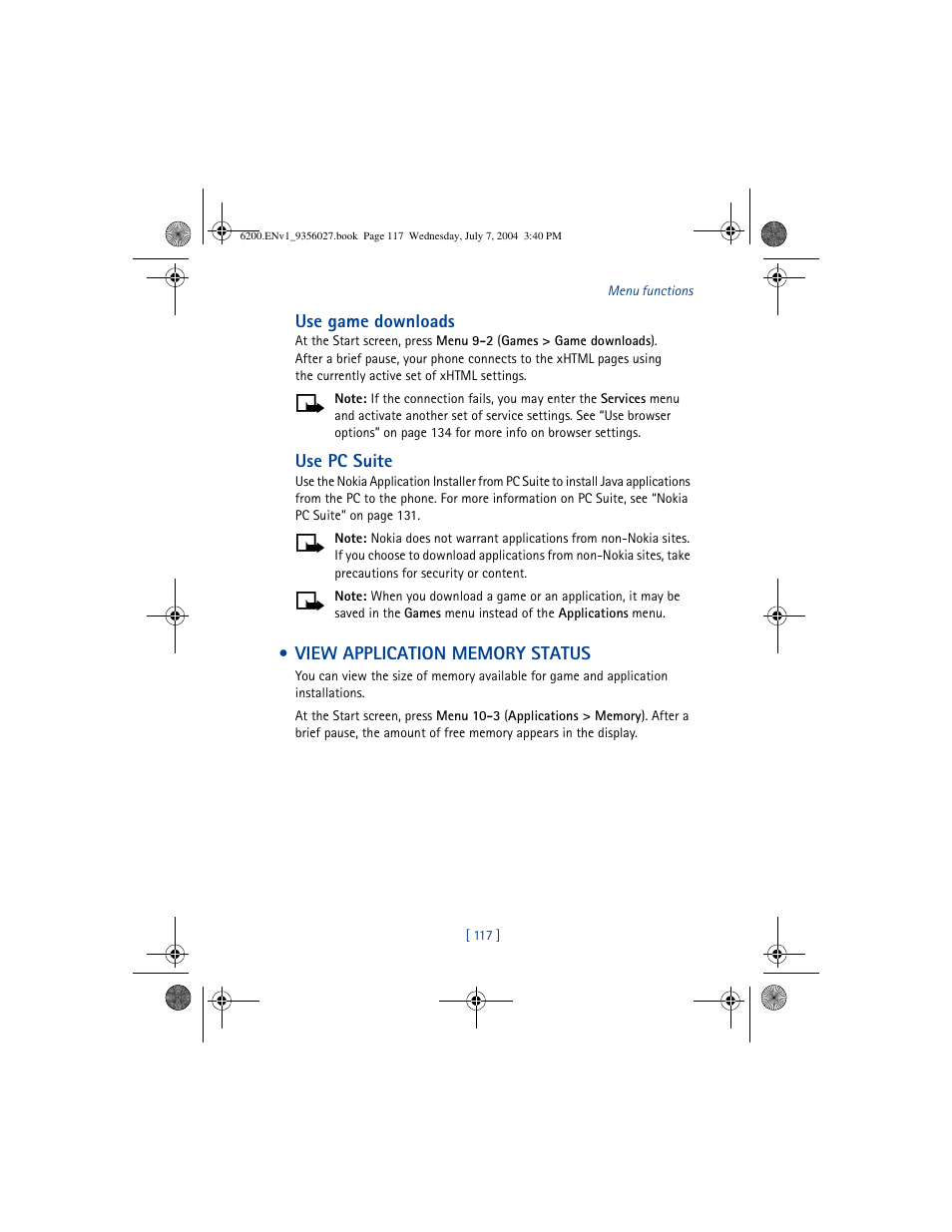 View application memory status, Use game downloads, Use pc suite | Nokia 6200 User Manual | Page 126 / 193