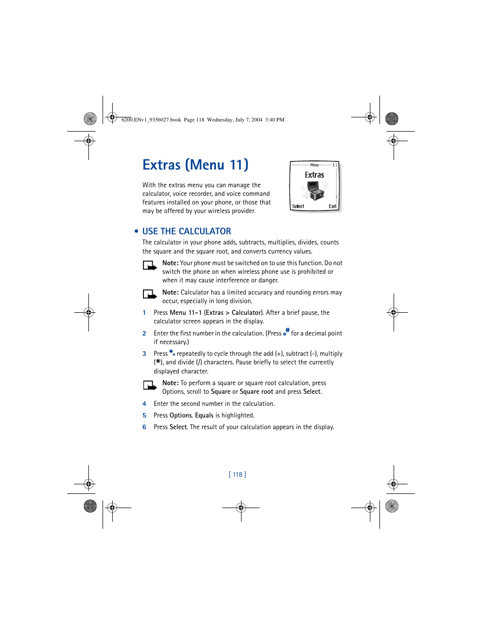 Extras (menu 11), Use the calculator | Nokia 6200 User Manual | Page 127 / 193