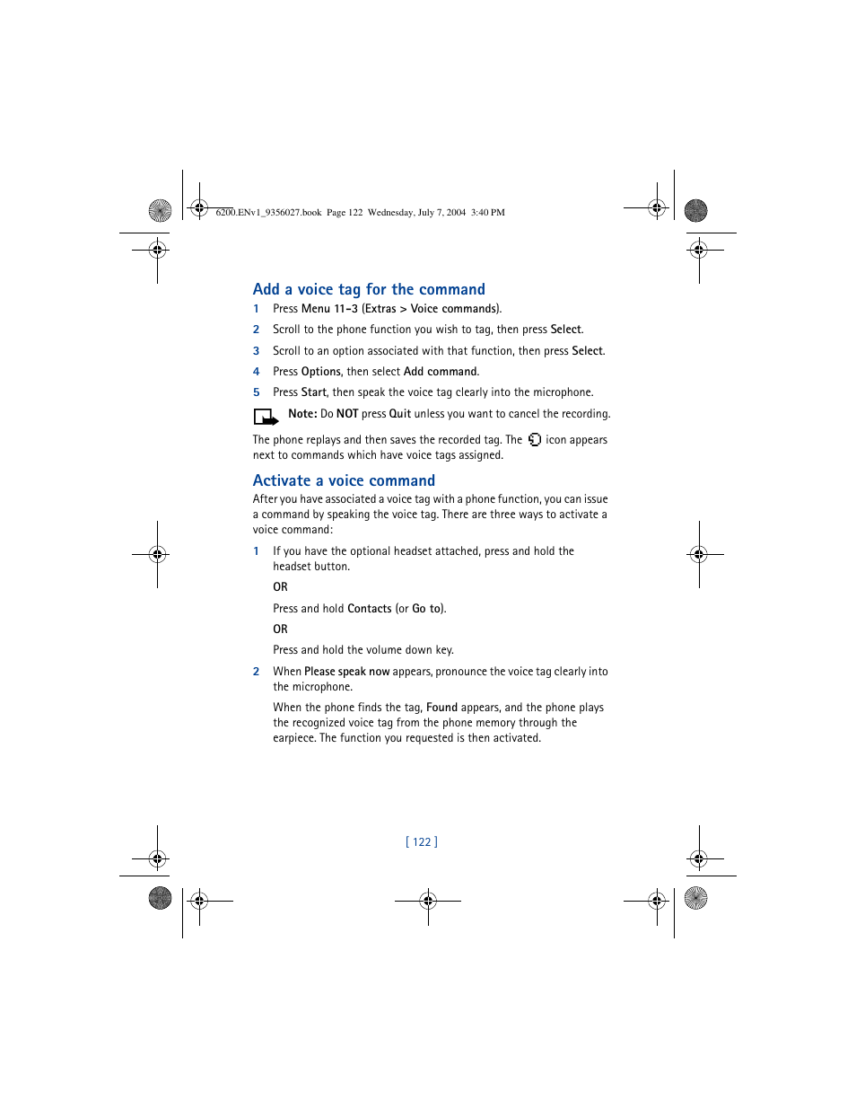 Add a voice tag for the command, Activate a voice command | Nokia 6200 User Manual | Page 131 / 193