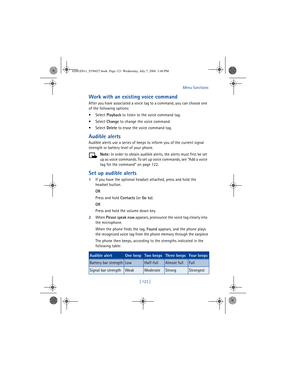 Work with an existing voice command, Audible alerts, Set up audible alerts | Nokia 6200 User Manual | Page 132 / 193