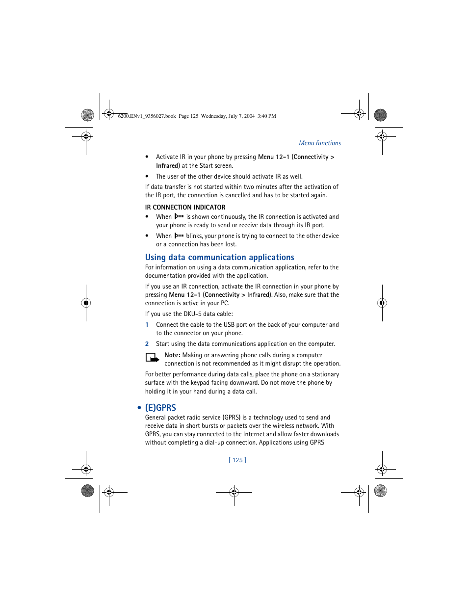 E)gprs, Using data communication applications | Nokia 6200 User Manual | Page 134 / 193