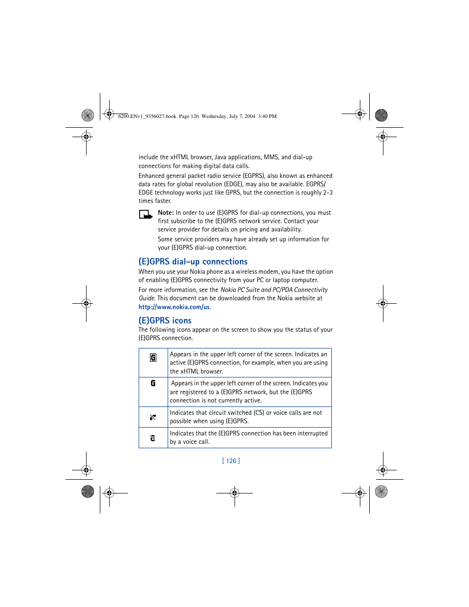 E)gprs dial-up connections, E)gprs icons | Nokia 6200 User Manual | Page 135 / 193