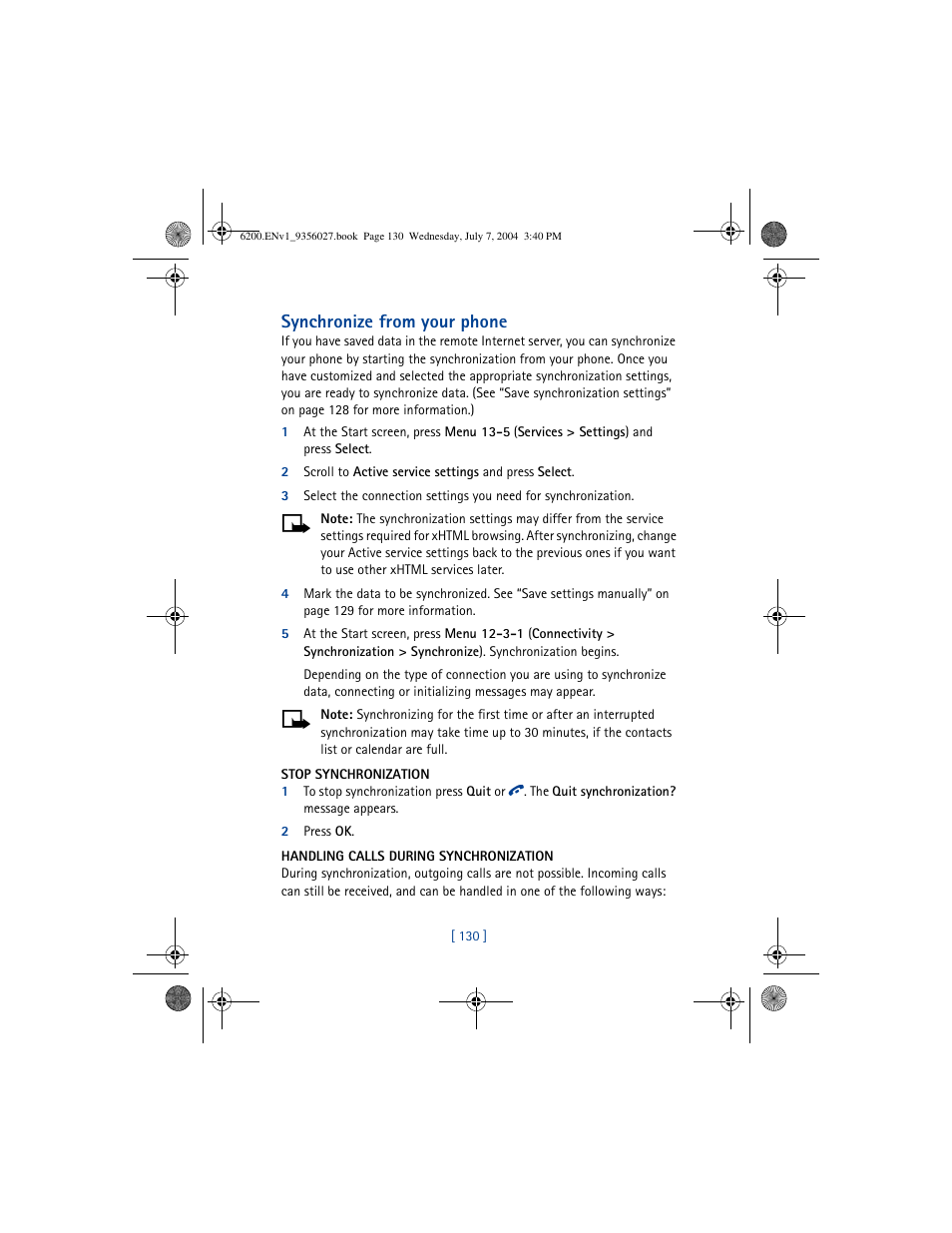 Synchronize from your phone | Nokia 6200 User Manual | Page 139 / 193