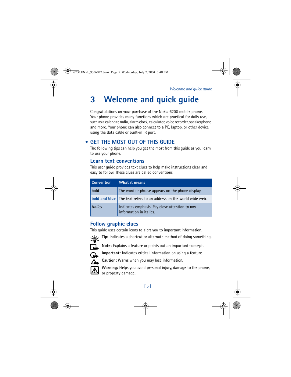 3 welcome and quick guide, Get the most out of this guide, Welcome and quick guide | 3welcome and quick guide | Nokia 6200 User Manual | Page 14 / 193