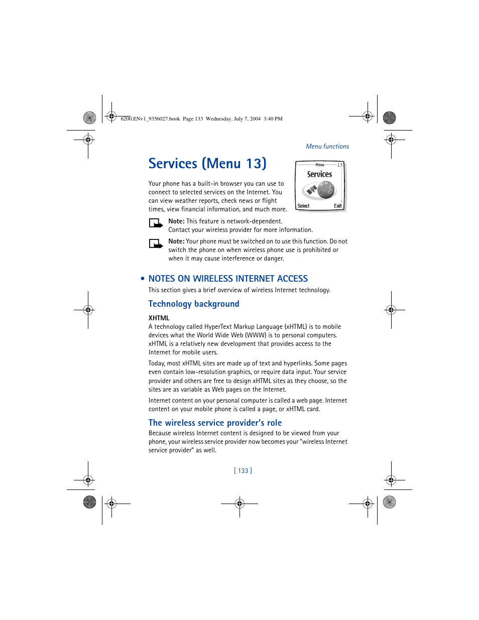 Services (menu 13), Notes on wireless internet access | Nokia 6200 User Manual | Page 142 / 193