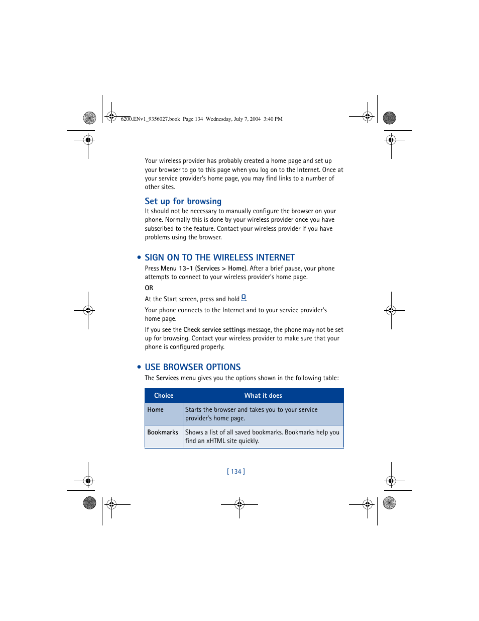 Sign on to the wireless internet, Use browser options | Nokia 6200 User Manual | Page 143 / 193