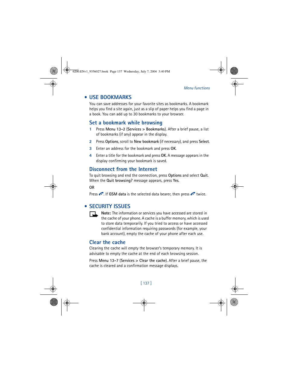 Use bookmarks, Security issues, Use bookmarks security issues | Nokia 6200 User Manual | Page 146 / 193