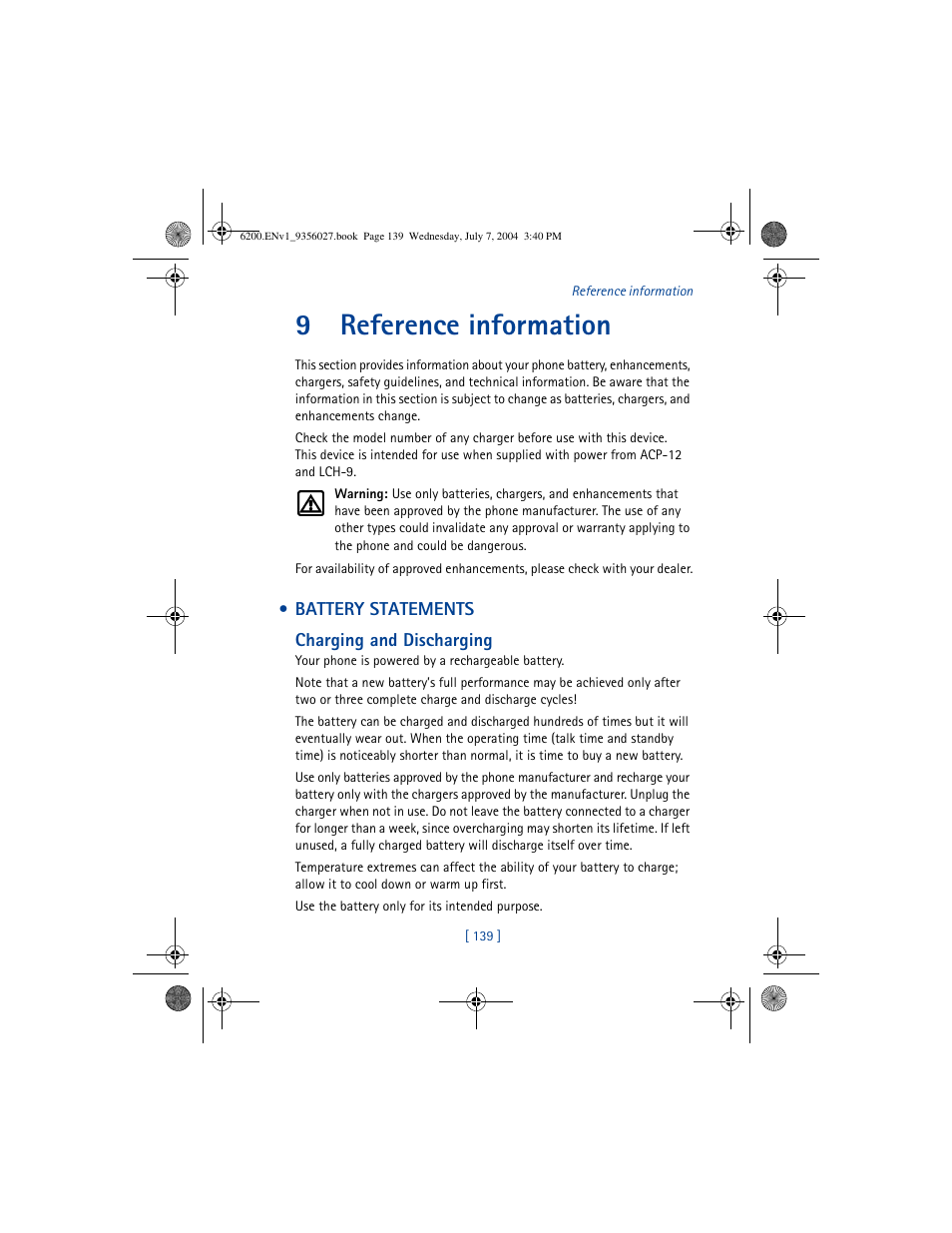 9 referenceinformation, Battery statements, Reference information | 9reference information | Nokia 6200 User Manual | Page 148 / 193