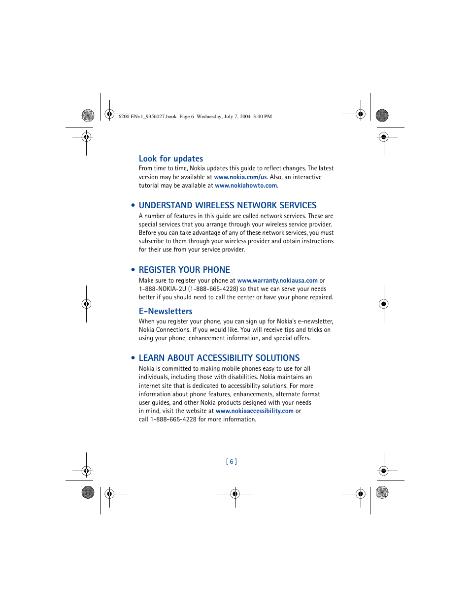 Understand wireless network services, Register your phone, Learn about accessibility solutions | Nokia 6200 User Manual | Page 15 / 193