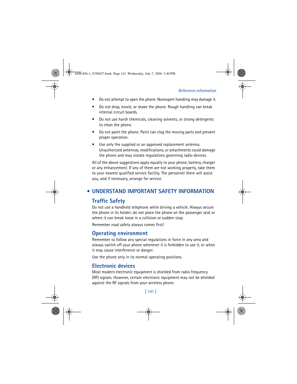 Understand important safety information, Operating environment, Electronic devices | Nokia 6200 User Manual | Page 150 / 193