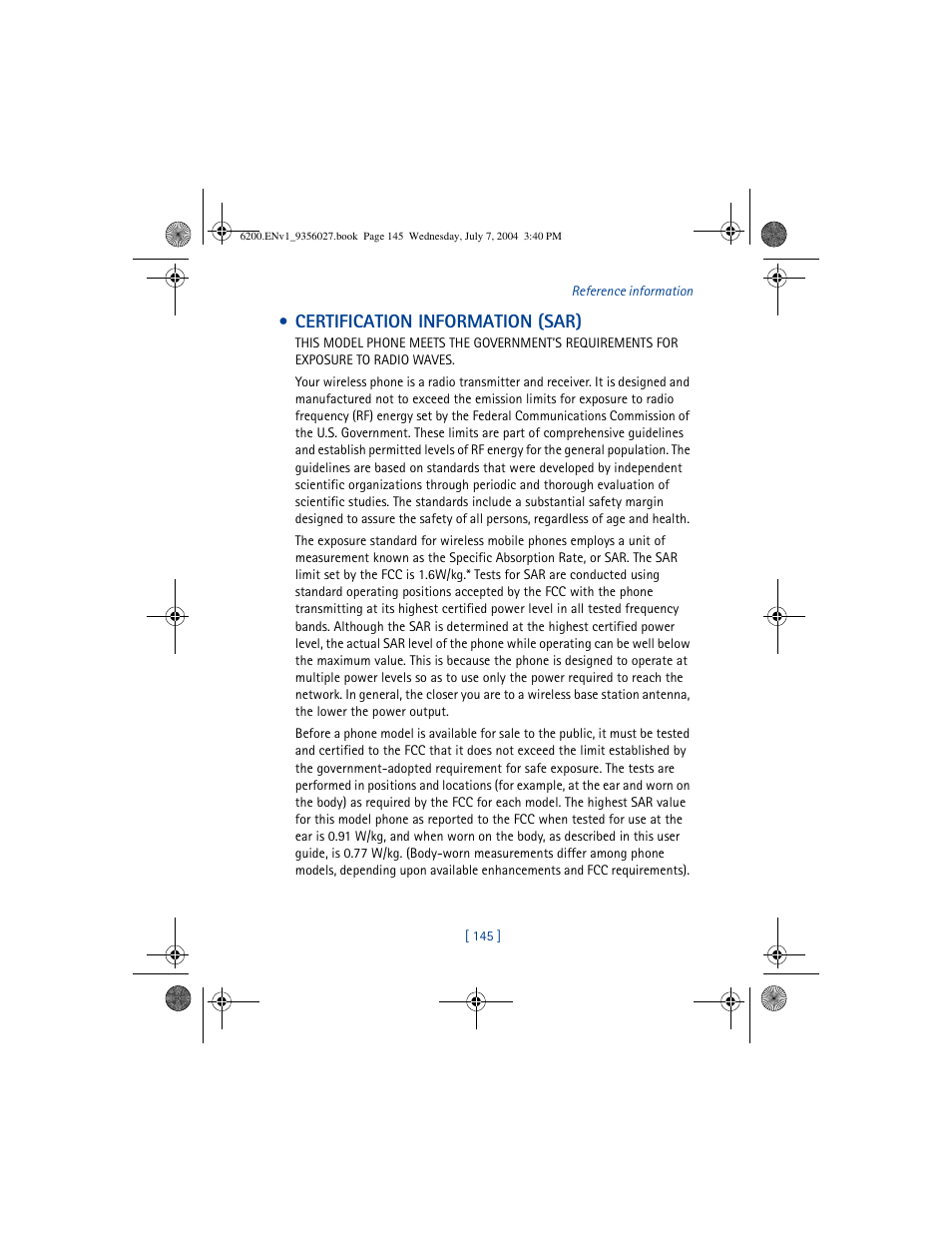 Certification information (sar) | Nokia 6200 User Manual | Page 154 / 193