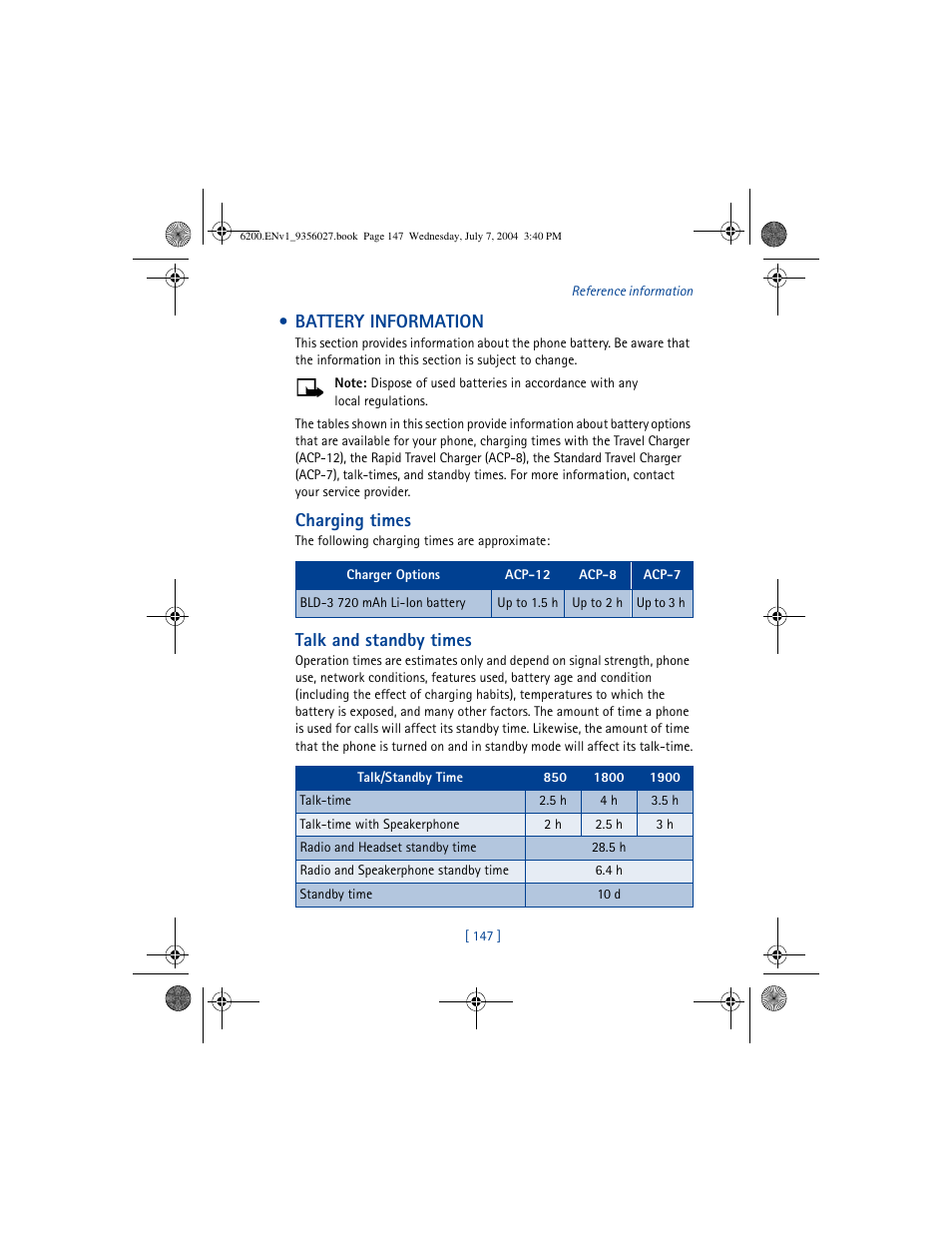 Battery information, Charging times, Talk and standby times | Nokia 6200 User Manual | Page 156 / 193
