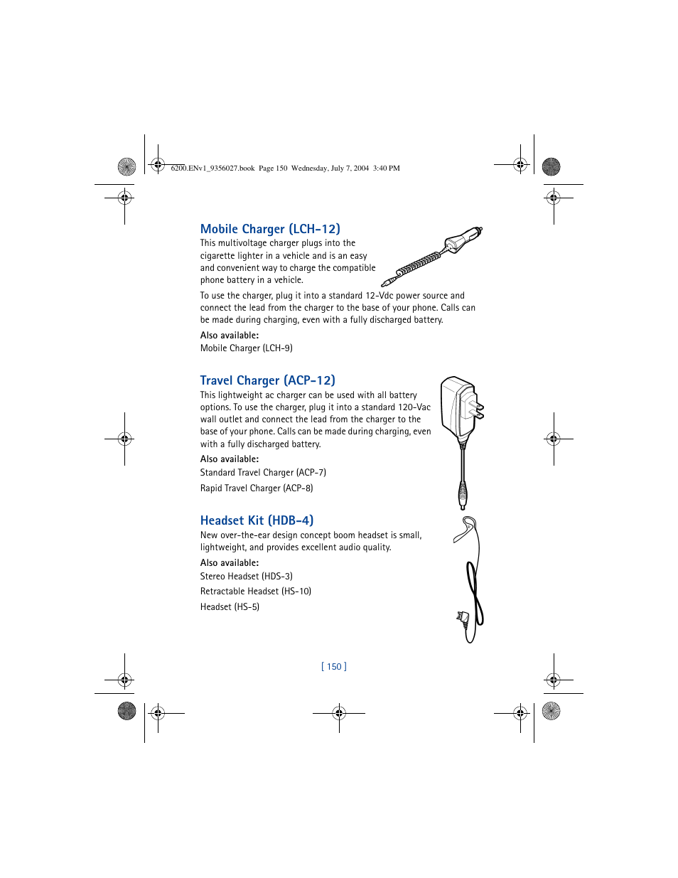 Mobile charger (lch-12), Travel charger (acp-12), Headset kit (hdb-4) | Nokia 6200 User Manual | Page 159 / 193