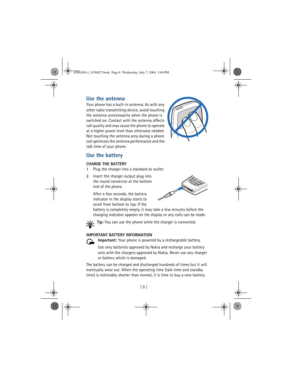 Use the antenna, Use the battery | Nokia 6200 User Manual | Page 17 / 193