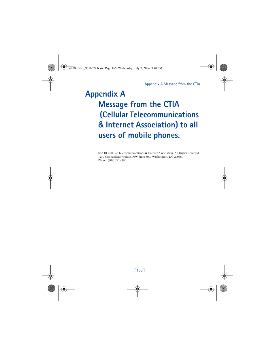 Appendix a message from the ctia | Nokia 6200 User Manual | Page 174 / 193