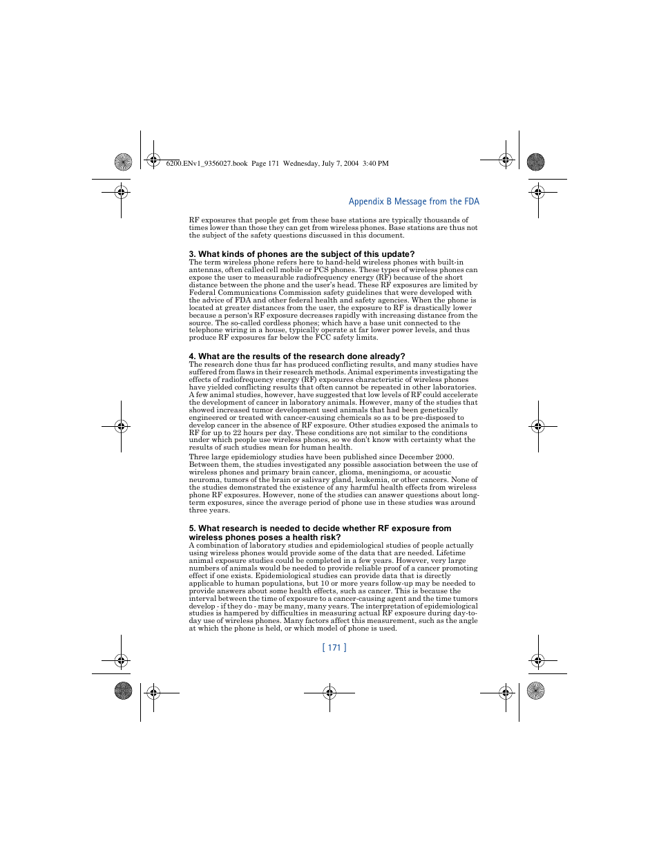 171 ] appendix b message from the fda | Nokia 6200 User Manual | Page 180 / 193