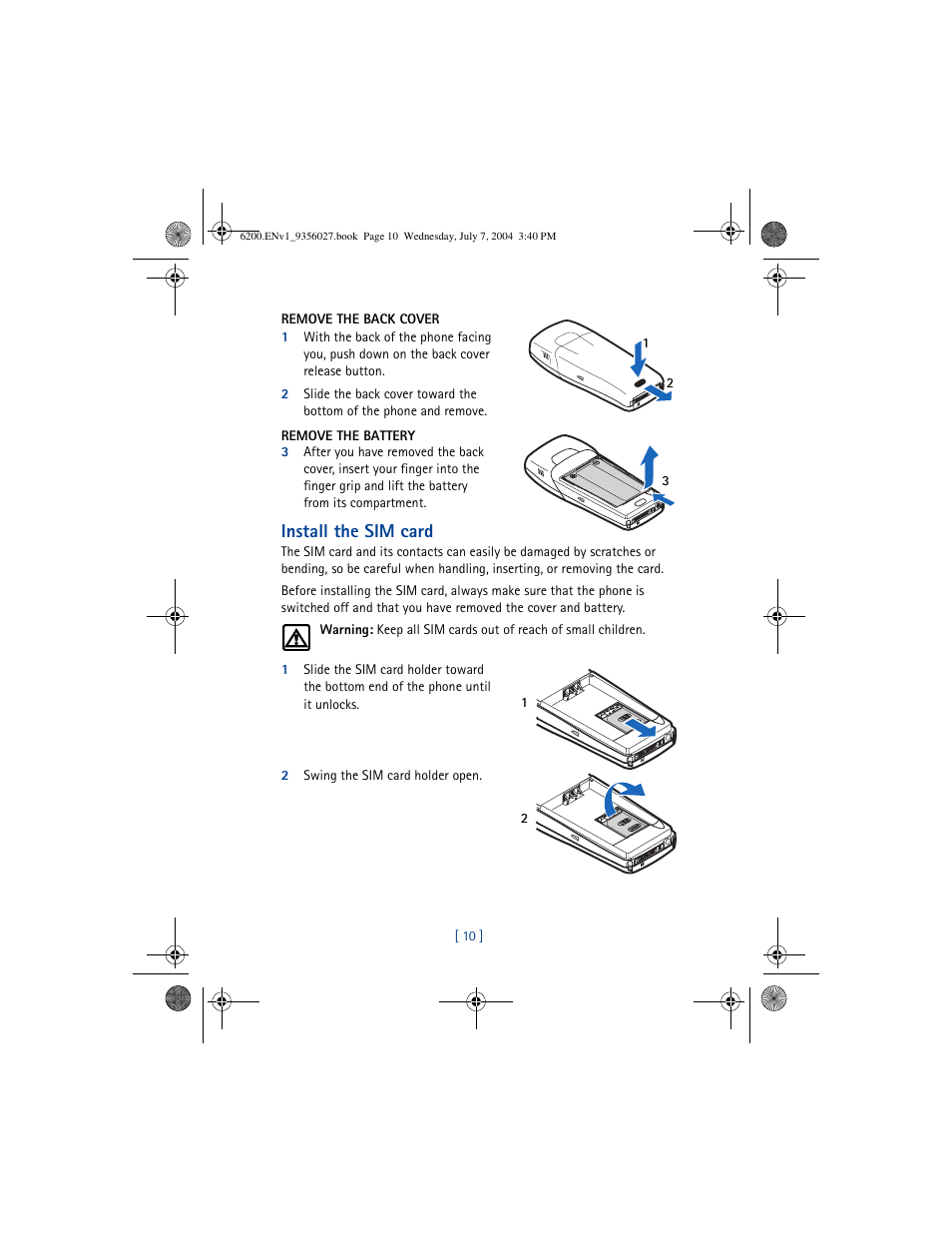 Install the sim card | Nokia 6200 User Manual | Page 19 / 193